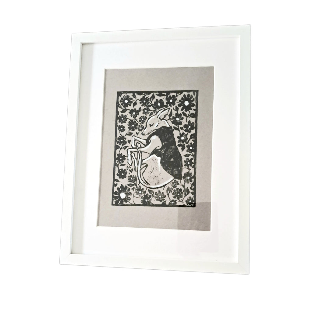 "Where the Whippet Dreams" lino print
